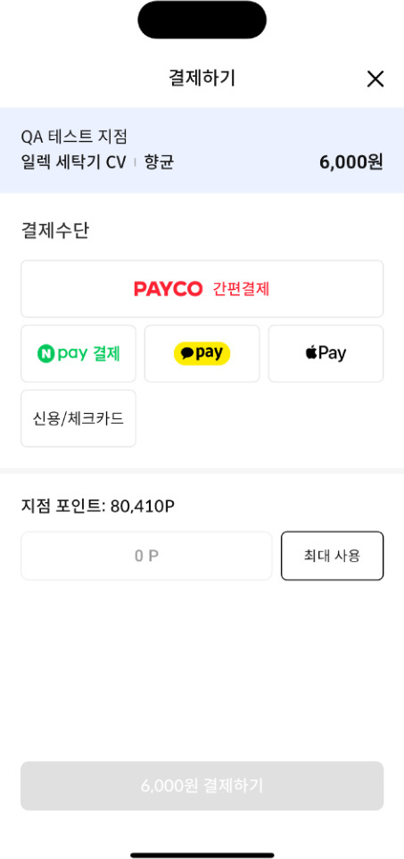 워시앤페이 결제 화면